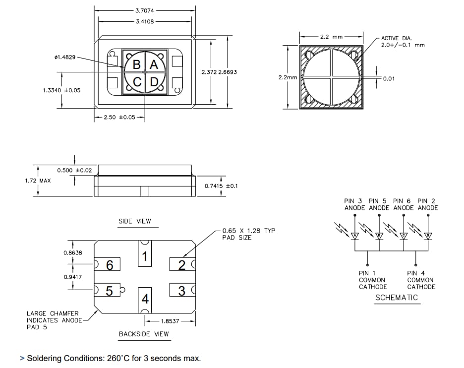 Mechanical Drawing - Advanced Photonix APX-NG0031QPD/-L InGaAs Photodiodes